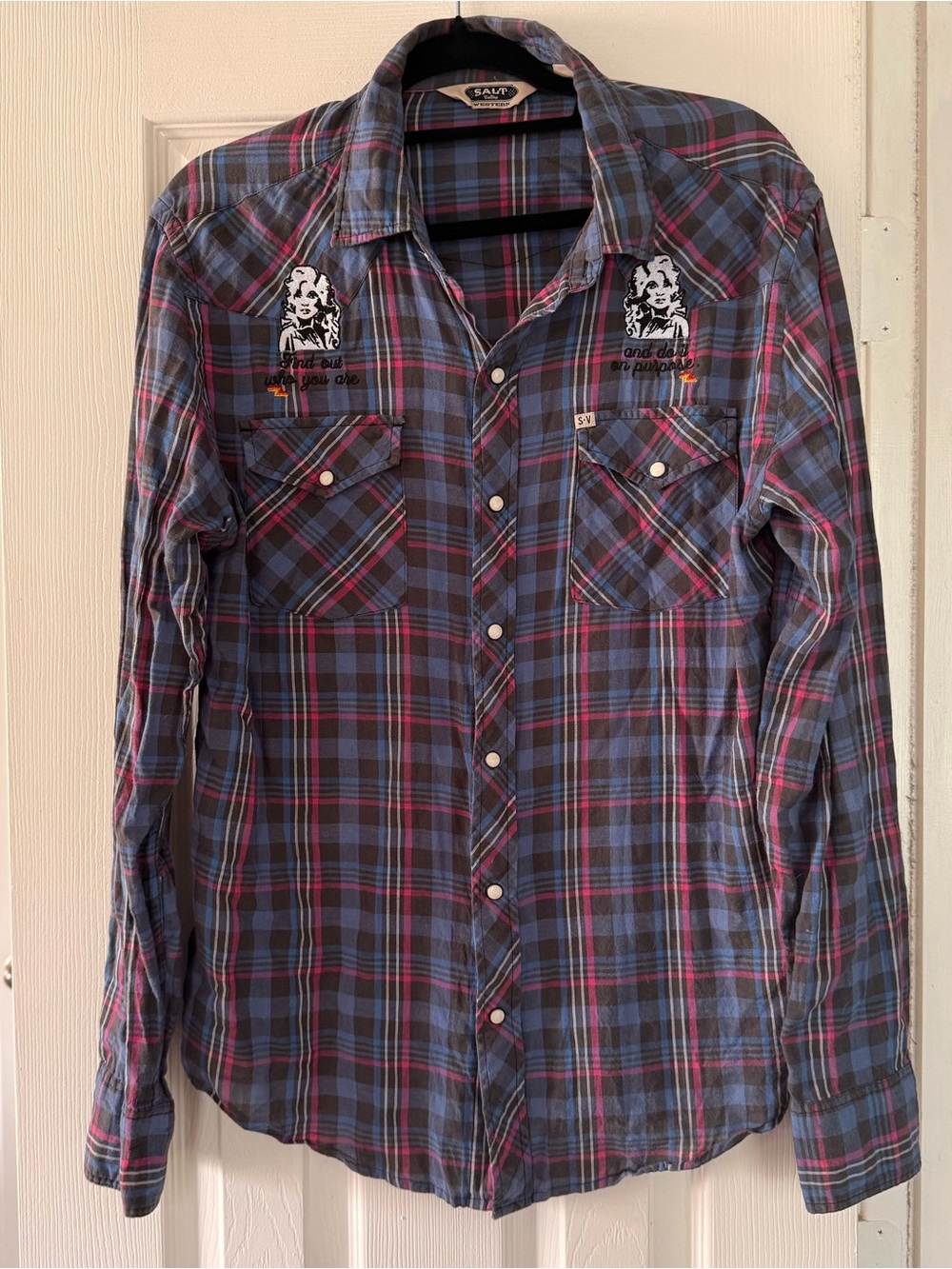 Vintage Dolly Parton Women's Blue Plaid Button-Down Shirt with Pink Accents